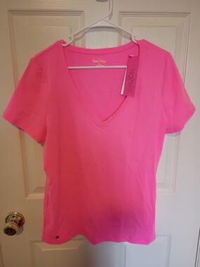 Lilly Pulitzer HaleyV-Neck Short Sleeve Top In Pink Shandy NWT XL
